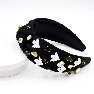Halloween Ghost & Bat Rhinestone Knotted Headbands Black & White Hair Hoops Holiday Hair Accessories