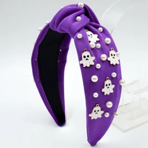 Halloween Ghost Knotted Headband Pearl Embellished Hair Hoops Spooky Cute High Quality 13CM Hair Accessories for Women Girls