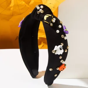 Halloween Ghost & Pumpkin Knotted Headband Rhinestone Spooky Holiday Hair Accessories