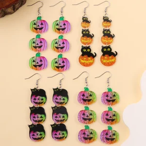 Halloween Glitter Rainbow Pumpkin Black Cat Acrylic Drop Earrings Spooky Party Fashion Jewelry for Women Girls