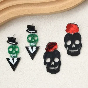 Halloween Gothic Skeleton Earrings Glitter Skull Tuxedo Black Skull Red Rose Acrylic Drop Earrings Fashion Statement Jewelry