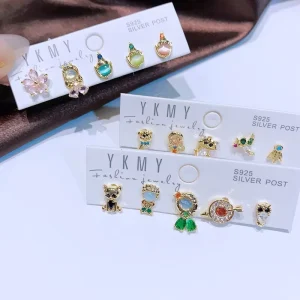 Halloween Jewelry Set Fairy Tale Princess Rings Necklace Earrings Set for Kid Brass Zircon Stud Earring