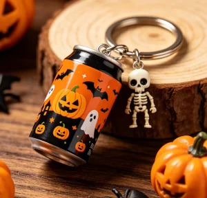 Halloween Resin Beer Can Shaped Soft Enamel Mini Beverage Can Key Ring Pumpkin Ghost Witch Gift Bag Charm