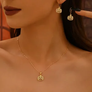 Halloween Rhinestones Pumpkin Style Pendant Necklace Drop Earrings Set Fashion Jewelry for Women Gold Plated Crystal