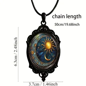 Halloween Series Charming Oval Glass Pendant Necklace Sun & Moon Jewelry with Black Frame Fashion Women Accessories