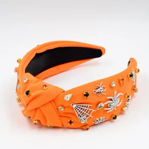 Halloween Spider & Rhinestone Knotted Headbands Orange & White Hair Hoops Holiday Hair Accessories
