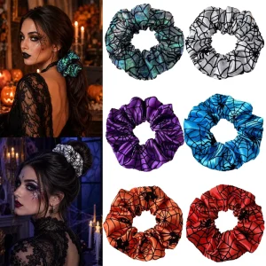 Halloween Spider Web Hair Scrunchie for Women Girls Gothic Style Elastic Ponytail Hair Tie Festival Decorative Hair Accessory