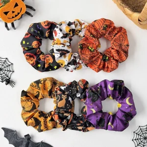 Halloween Theme Print Scrunchie for Women Girls Cute Funny Pumpkin Ghost Elastic Ponytail Hair Tie Festival Paty Hair Accessory
