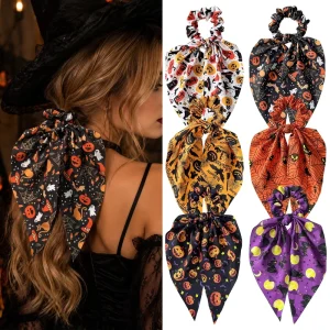 Halloween Theme Ribbon Scrunchie for Women Girls Cute Funny Pumpkin Ghost Print Ponytail Hair Tie Festival Paty Hair Accessory