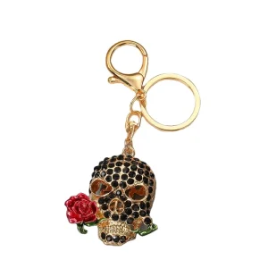 Halloween themed ghast keychain holding a rose car keychain bag charm with rhinestones