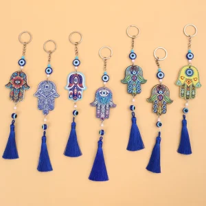 Hamsa Hand Evil Eye Keychain Custom Turkish Blue Tassel Ethnic Bag Charm Souvenir OEM
