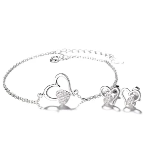 Hand Made Heart Jewelry Set 925 Sterling Silver Earrings Bracelet for Women