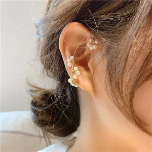 Hand Woven Natural Pearl Flower Clip On Earrings Fashion Design No Pierced Ear Bone Elegant and Stylish Earrings
