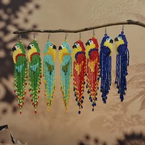 Hand-Woven Ultra-Long Tassel Drop Earrings Music Festival Daily Wear Seed Beads Jewelry Parrot Bird Animal Fashion