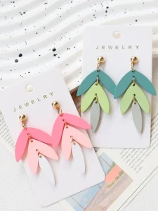 Hand made Valentine’s Day & St. Patrick’s Day Acrylic Baked Earrings Geometric Leaf Multi segment Ins style