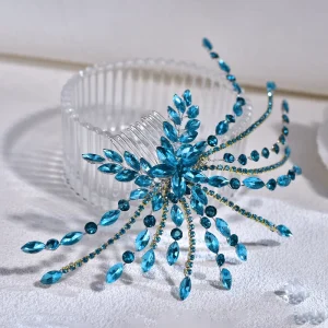 Handcrafted Blue Rhinestone Bridal Hair Comb Exquisite Fashion Hair Accessory for Wedding Banquet Dance Parties YXA269