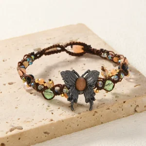 Handcrafted Vintage Gothic Black Butterfly Charm Gemstone Handmade Macrame Bracelet Customizable Heart Stone Jewelry for Women