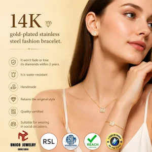Handmade 14K PVD Gold Plated Stainless Steel Fashion Bracelet Water Resistant Non Fading Stones Two Year Color Retention Quality