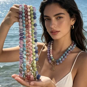 Handmade 304 Stainless Steel 12MM Jade-Texture Glaze Bead Necklace with Sailor Clasp Y2K Cool Girl Beaded Chain Summer Jewelry