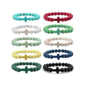 Handmade 8mm Beaded Bracelets Natural Stone Colorful Cross Turquoise Elastic Men Women Bracelet Jewelry