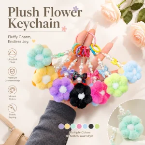 Handmade Aesthetic Pearl Flower Keychain Colorful Plush Daisy Pendant Bowknot Key Holder for Backpack Accessories Women