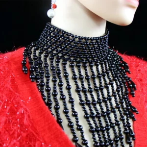 Handmade African Fashion Large Beaded Bib Abs Pearl Beads Beaded Crochet Necklace Statement Chunky Jewelry for Women