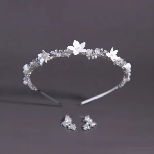 Handmade Alloy Silver Gold Flower Bridal Headband Rhinestone Cluster Stud Earrings Wedding Prom Hair Accessories Set for Women