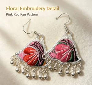 Handmade Artisan Miao Embroidery Floral Fan Earrings Silver Bell Tassel Ethnic Dangle Earrings for Gifts