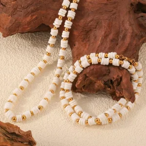 Handmade Beaded Fashion Jewelry 18k Gold Plated Stainless Steel Bead and Shell Beaded Necklace and Bracelet Jewelry Set for Women
