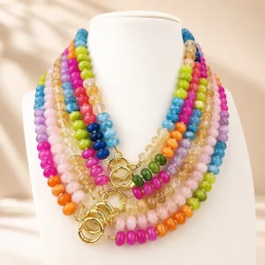 Handmade Beaded Necklace 5*8mm Colorful Natural Crystal Quartz Beaded Gold Clasp Gemstone Choker Necklace for Women