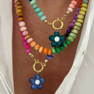Handmade Beaded Necklace with Glass Flower Pendant Summer Beach Necklace for Women