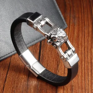 Handmade Black Cowhide Genuine Leather Braided Men Double Layer Stainless Steel Multi Layer Fashion Charm Bracelet