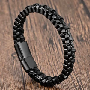 Handmade Black Cowhide Leather Cord Multi Layer Woven Bracelet Men’s Double Stranded Stainless Steel Chain