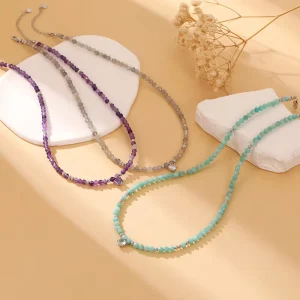 Handmade Bohemia Style Gold Plated Round Zircon Stone Pendant Necklace with Colorful Natural Stones Chain