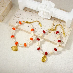 Handmade Bohemian Style 18K Gold Plated Stainless Steel Freshwater Pearl and Colorful Shell Beaded Bracelet for Women Gift