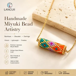 Handmade Boho Colorful Miyuki Seed Beads Woven Cylinder 18K Gold Plated Chain Necklace