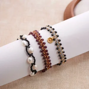 Handmade Brass Macrame Black Crystal Boho Woven Bracelet with Sunflower Charm for Women