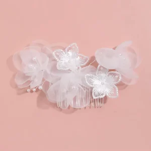 Handmade Bridal Hair Side Comb Lace Flower Wedding Headpiece Fluffy Tulle Blossom Pearl Branch Women Evening Hair Accessories