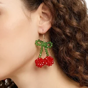 Handmade Cherry Drop Earrings Bowknot Design Crystal Earrings Fashion Daily Wear Jewelry for Women