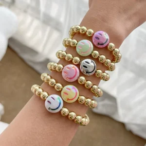 Handmade Colorful Acrylic Geometric Zircon 18K Gold Plated Brass Beads Smile Charm Beaded Bracelet Set for Women Gift