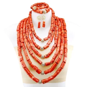 Handmade Coral Beaded Bracelet Set African Women’s 18K Gold Plated 6-Strand Necklace Set Party Accessories YL601