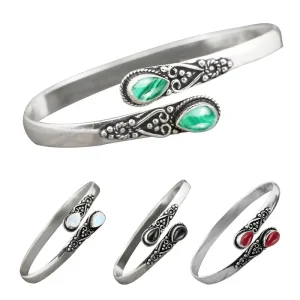 Handmade Couple’s Zinc Alloy Vintage Bangle with Gemstone Overlay Fashion Jewelry for Gift