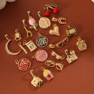 Handmade DIY Stainless Steel Jewelry Accessories 18k Gold Plated Colorful Enamel Cherry Passport Camera Charm Bracelet Necklace