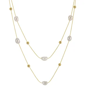 Handmade Double Layer Necklaces Baroque Pearl Charm Thin Bead Chain Necklaces for Women
