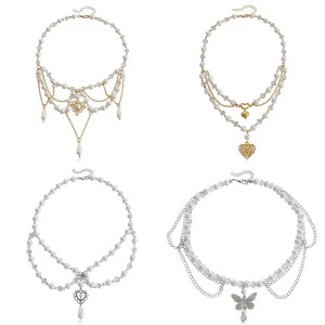 Handmade Double Layer Necklaces for Women Fashion Jewelry Heart Butterfly Cross Y2K Pearl Necklace Choker