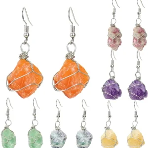Handmade Earrings Eco Friendly Silver Color Wire Wrapped Natural Stone Crystal Agate Tourmaline Earrings for Women