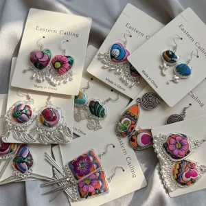 Handmade Eastern Calling Ethnic Embroidery Heart Tassel Earrings Colorful Boho Fabric Dangle Earrings Jewelry