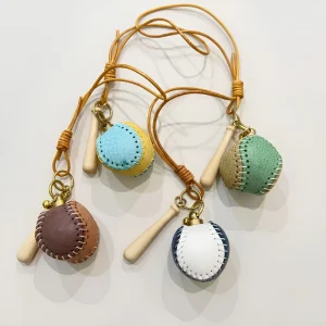 Handmade Eco Friendly Top Grain Cowhide Leather Carving Baseball Bag Charm Creative Sports Keychain Mini Bat