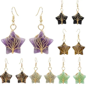 Handmade Electroplated Fashion Wire Wrapped Plant Crystal Raw Amethyst Pentagram Star Drop Earrings for