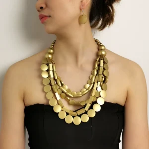 Handmade Fashion Accessories 6 Layers Wood Beaded Chains Statement Necklace Earrings Jewelry Set